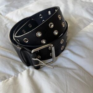 Brandy Melville Belt Black Faux Leather Double Holes One Size Silver Buckle